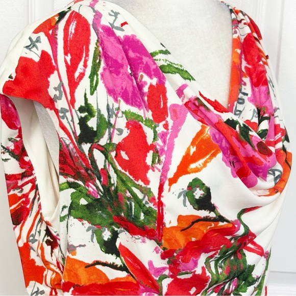 Ronni Nicole Colorful White Floral Print Cowl Neck Ruched Sheath Dress 16 - Picture 5 of 16